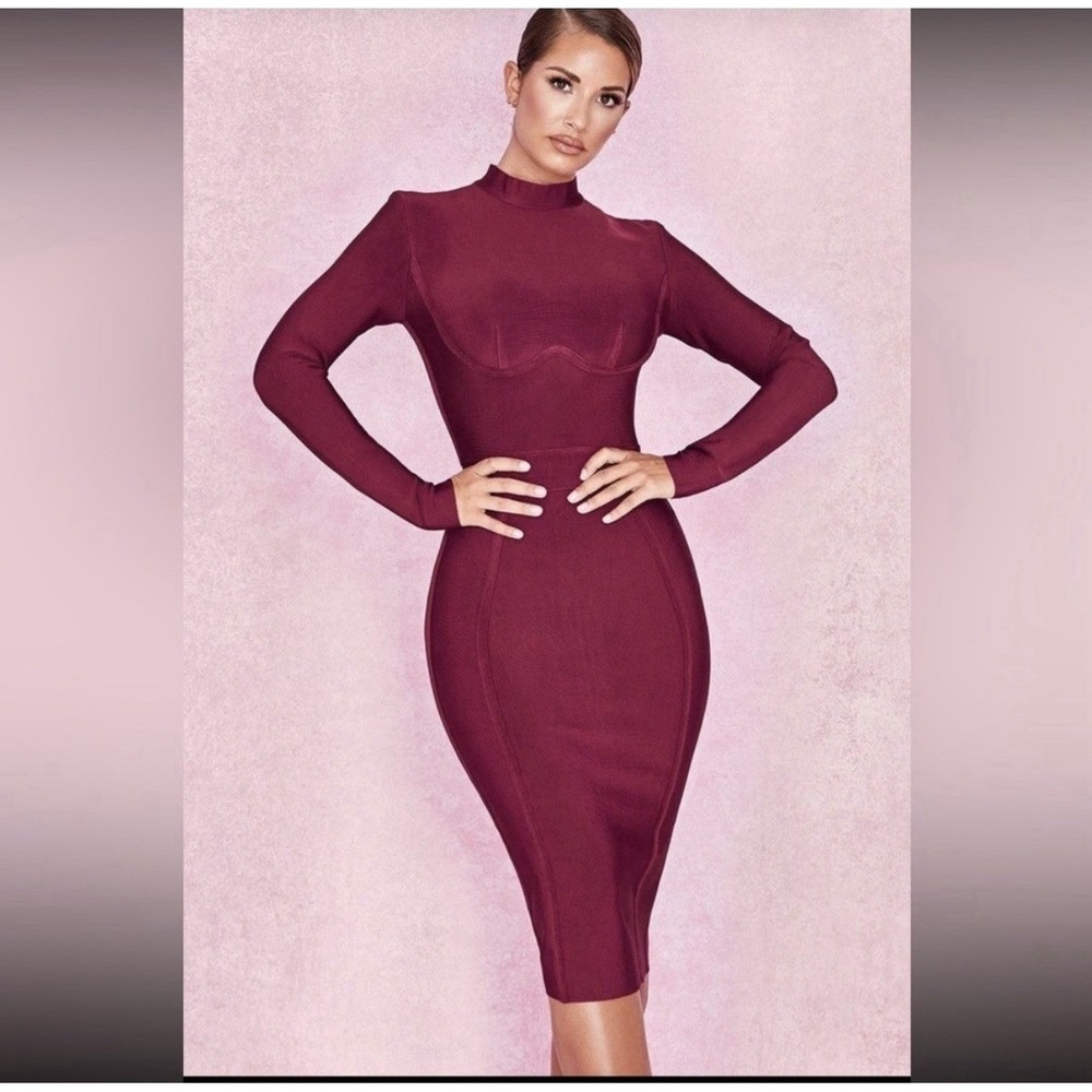 House Of CB Ines Bandage Midi Dress Sz S Burgundy Bodycon Fitted Party Clubbing